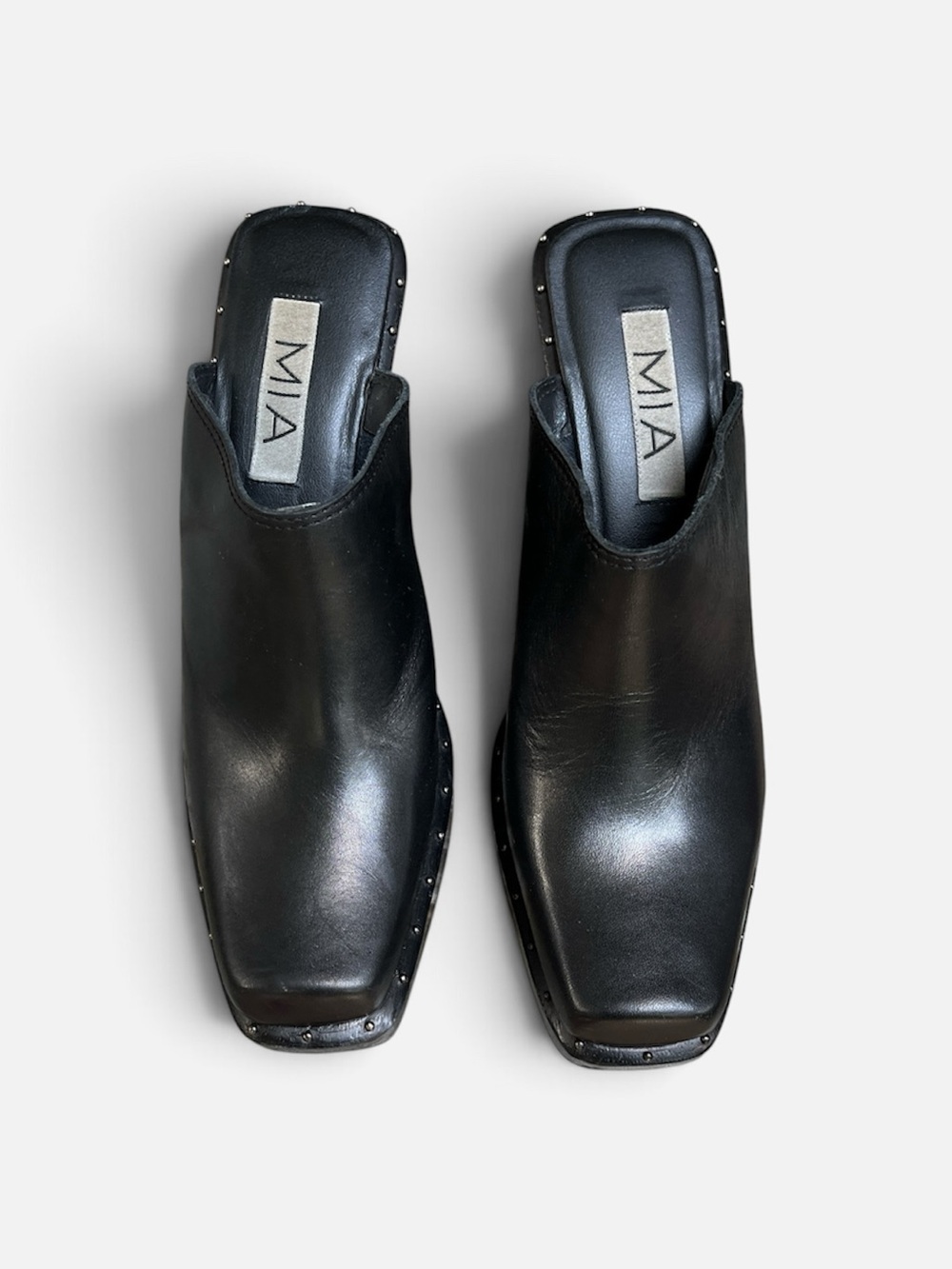 VINTAGE MIA Black Leather Square Toe Studded Wedge Clog/Mule - Size 8 - Picture 3 of 10